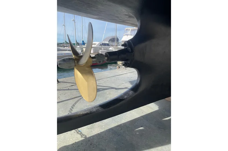 Slide: The Image of Propeller of 1981 Hershine 40 boat in marina setting. - 30