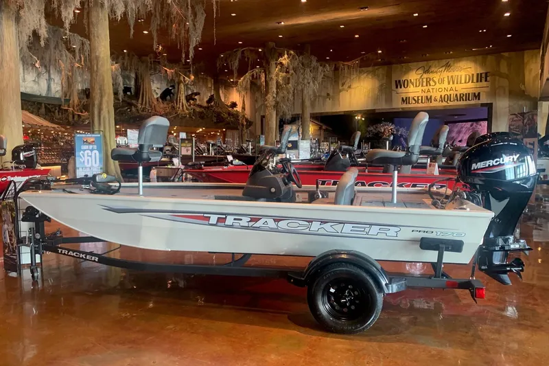 The Image of 2026 Tracker Pro 170 boat displayed indoors at a wildlife museum. - 0