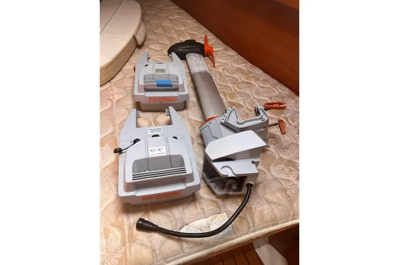 Slide: The Image of Torqeedo electric motor components on Beneteau Oceanis Clipper 373, 2006 model, boat interior. - 46