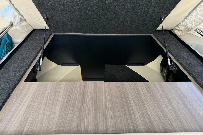 Slide: The Image of Storage compartment in 2020 Regal 38 Grande Coupe boat, featuring hydraulic lift supports. - 31