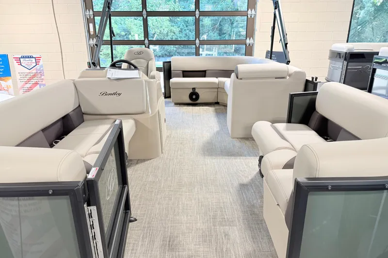 Slide: The Image of Luxurious interior of 2026 Bentley Pontoons LE 160 CR with plush seating and modern design. - 2