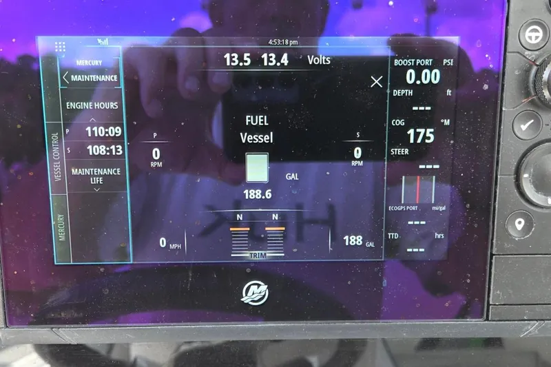 Slide: The Image of Dashboard display of a 2019 Glasstream 328 SCX boat showing engine and fuel data. - 8