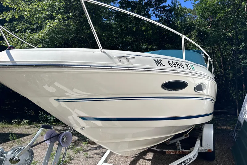 Slide: The Image of 1998 Sea Ray 260 Signature boat on trailer, surrounded by trees. - 7