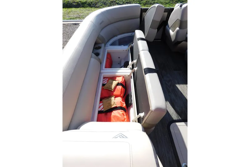 Slide: The Image of 2023 Viaggio Diamante U 26 boat interior with storage compartment and life jackets. - 31