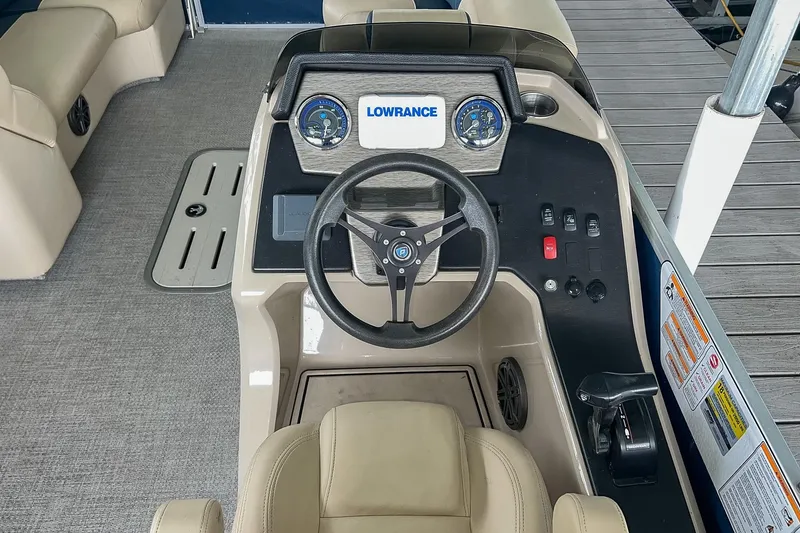 Slide: The Image of Steering console of 2020 Premier 230 Sunsation pontoon boat with Lowrance display. - 35