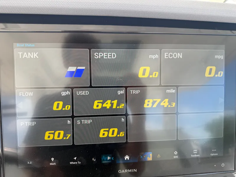 Slide: The Image of A Garmin screen displays boat data such as speed, fuel usage, and distance traveled. - 19