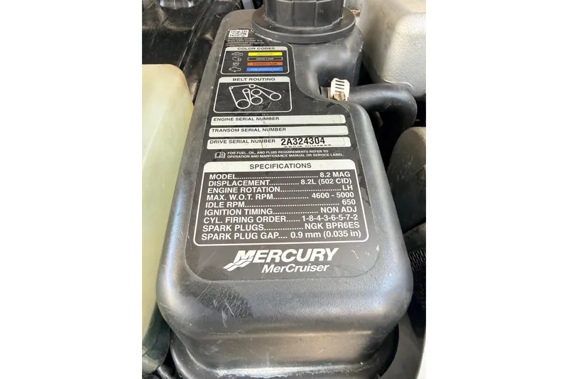 Slide: The Image of Engine specifications label on a 2016 Sea Ray SLX 350 boat. - 38