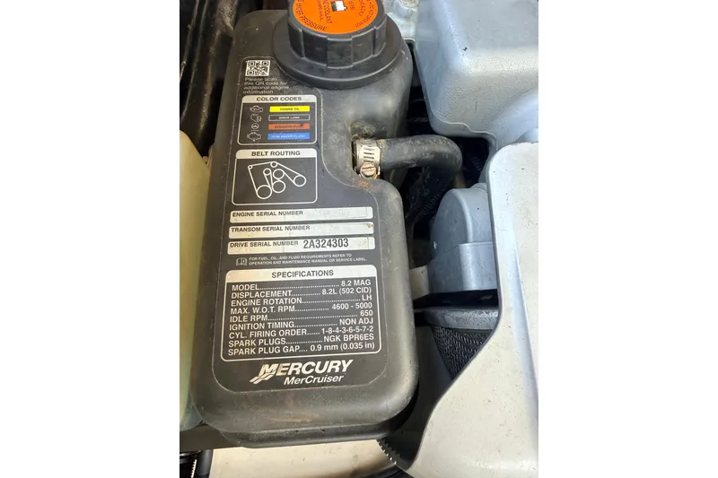 Slide: The Image of Engine specifications label on a 2016 Sea Ray SLX 350 boat. - 37