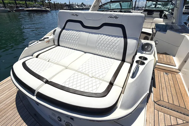 Slide: The Image of Luxury seating on 2016 Sea Ray SLX 350 boat with quilted upholstery. - 5