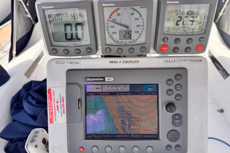 Slide: The Image of Catalina 34 MkII 2006 sailboat navigation instruments displaying speed, wind, and GPS data. - 4