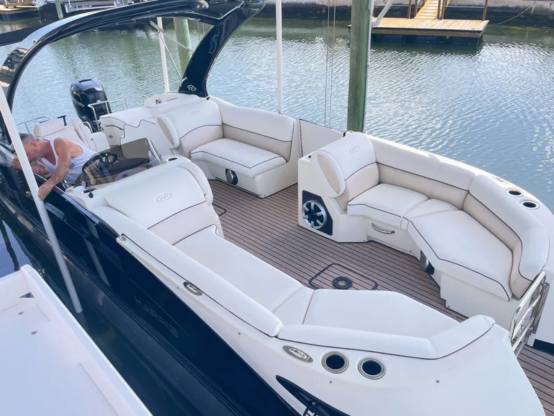 Slide: The Image of A luxurious pontoon boat with white upholstery and sleek design, docked by the water. - 7