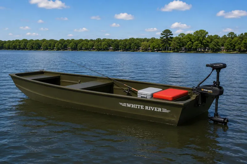 The Image of 2025 White River Topper boat on a serene lake with clear blue skies. - 3