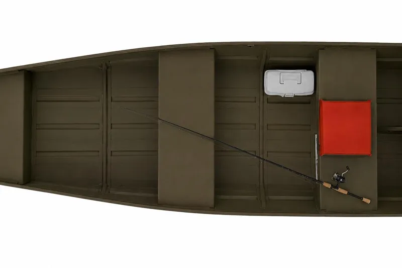 Slide: The Image of 2025 White River Topper boat interior with fishing rod, cooler, and red seat. - 1