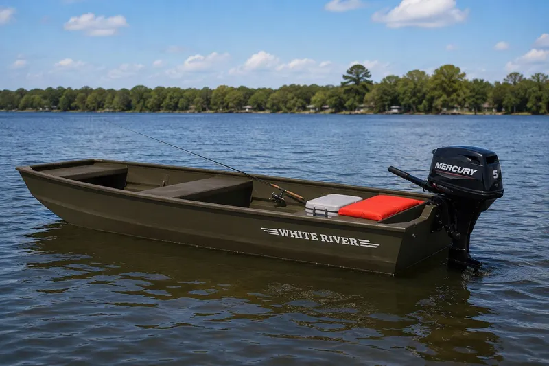 Slide: The Image of 2025 White River Topper boat with Mercury motor on a serene lake. - 4