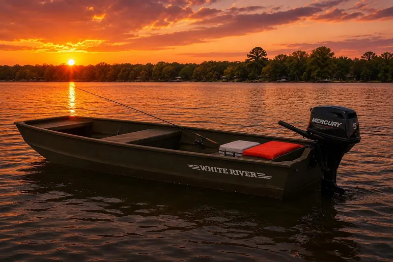 Slide: The Image of 2025 White River Topper boat on serene lake at sunset, with Mercury motor. - 7