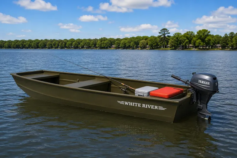 Slide: The Image of 2025 White River Topper boat on a serene lake with Yamaha motor. - 5