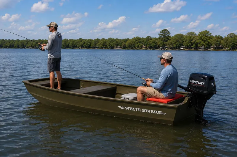 Slide: The Image of Two people fishing on a 2025 White River Topper boat in a serene lake. - 6