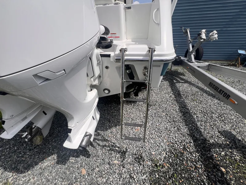 Slide: The Image of A 2021 Edgewater 262CC boat with a stainless steel ladder at the stern and a trailer. - 9