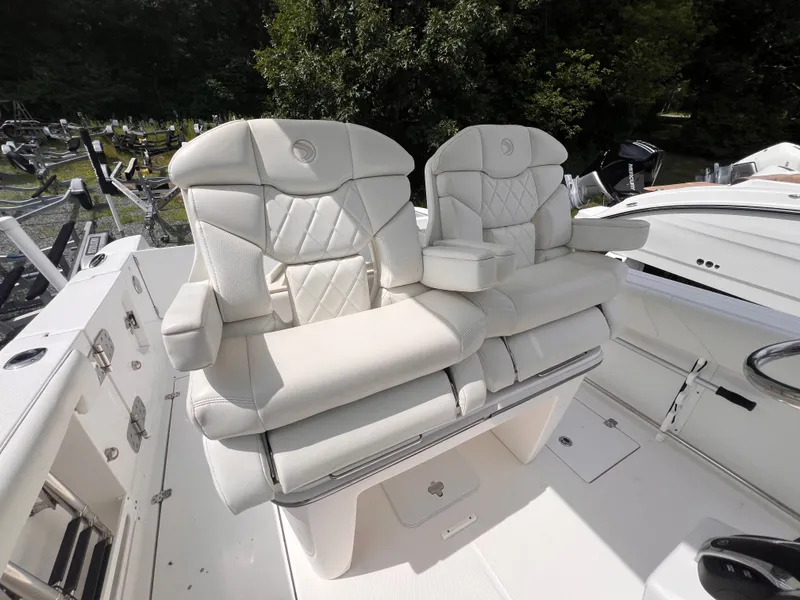 Slide: The Image of Two luxurious, cushioned seats on an Edgewater 262CC boat, surrounded by lush greenery. - 20