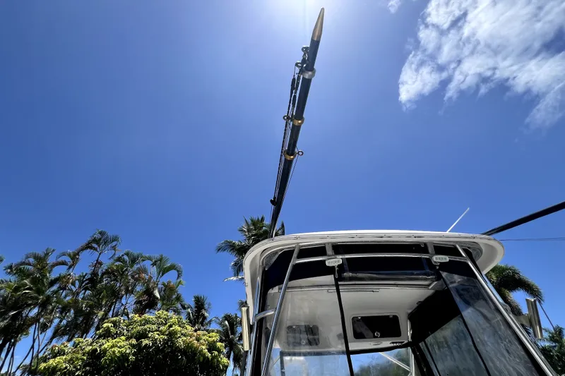 Slide: The Image of 2004 Century 3200 Walk-Around boat under clear blue sky with palm trees. - 32