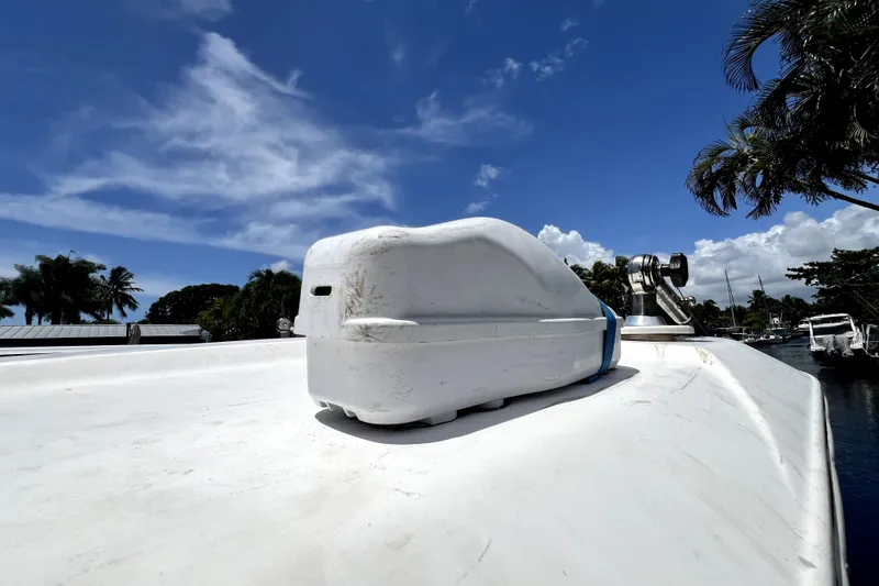 Slide: The Image of 2004 Century 3200 Walk-Around boat roof with clear blue sky and palm trees. - 120