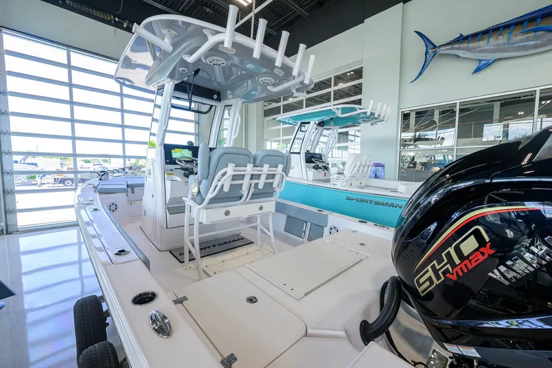 Slide: The Image of 2027 Sportsman Masters 227 Bay Boat in showroom, featuring Yamaha SHO VMAX engine. - 39