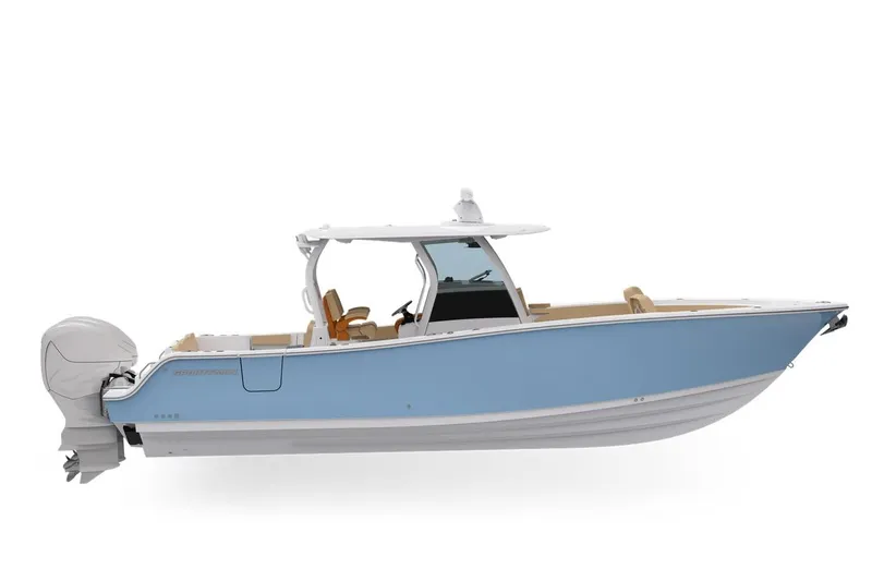 The Image of 2027 Sportsman Heritage 321 Center Console boat, sleek design, light blue hull, powerful outboard engine. - 2