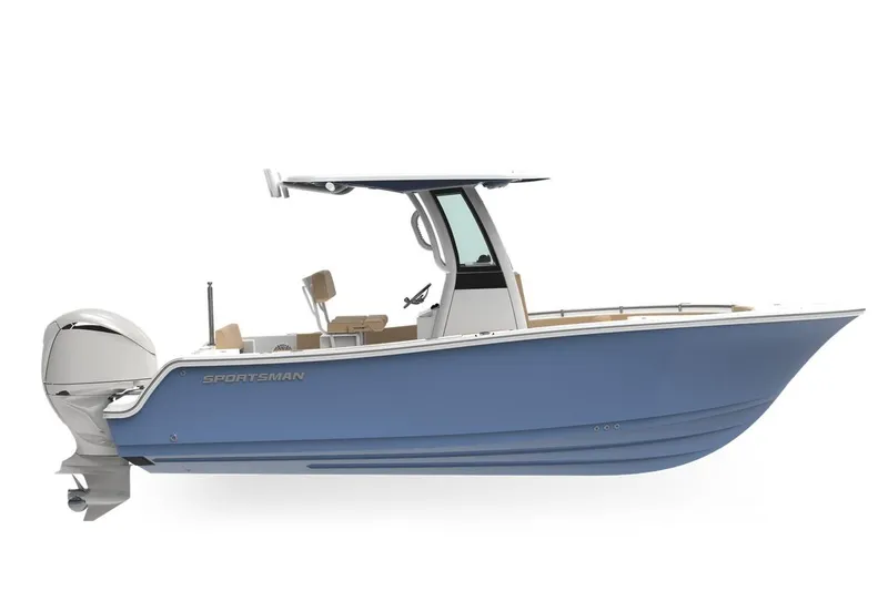 The Image of 2027 Sportsman Open 212 Center Console boat, blue hull, side view, outboard motor. - 1