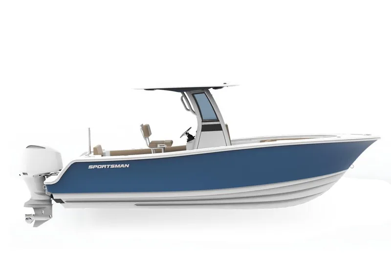 The Image of 2027 Sportsman Open 232 Center Console boat, blue hull, sleek design, outboard motor. - 1