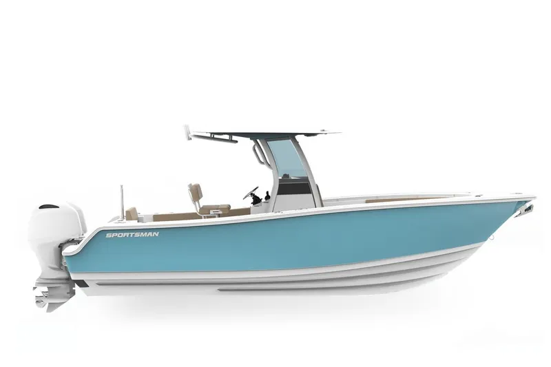 Slide: The Image of 2026 Sportsman Open 252 Center Console boat, sleek design, blue hull, modern features. - 0