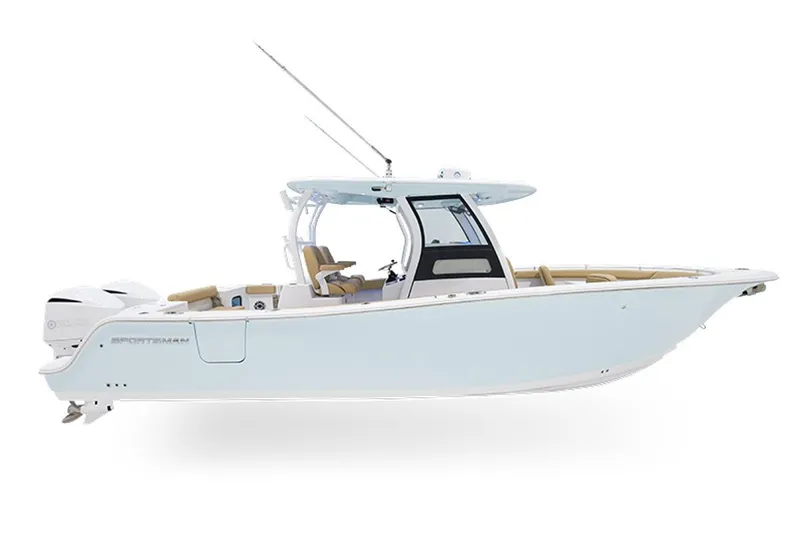 The Image of 2027 Sportsman Open 302 Center Console boat, sleek design, light blue hull, dual engines. - 1