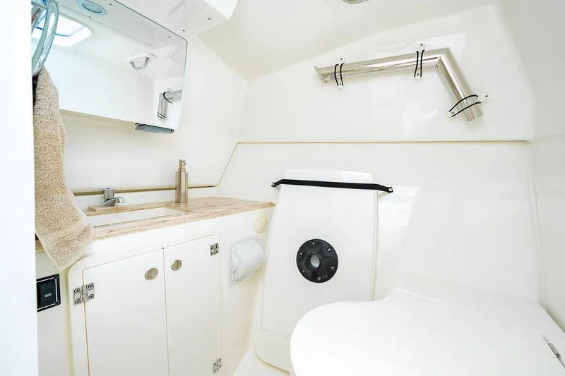 Slide: The Image of Manufacturer Provided Image: 2024 Pursuit DC 326 Dual Console boat bathroom with sink and toilet. - 20
