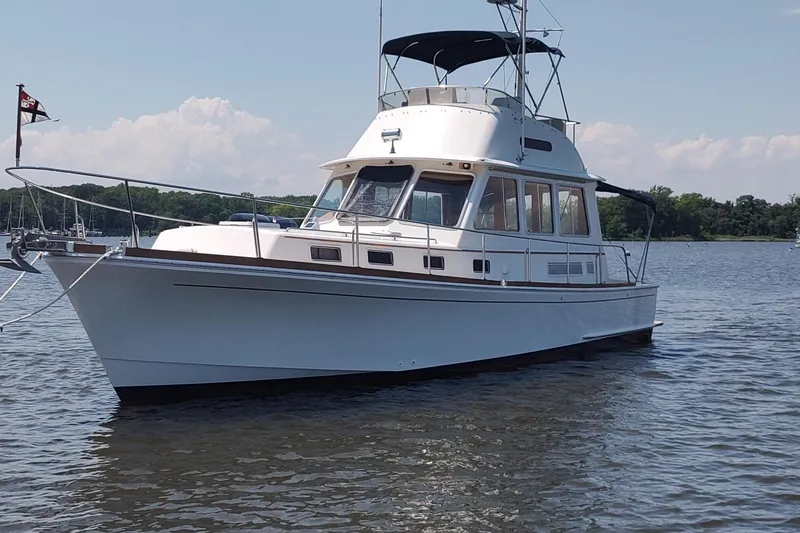The Image of 1996 Grand Banks Eastbay 40 Flybridge yacht on calm water, clear sky background. - 0
