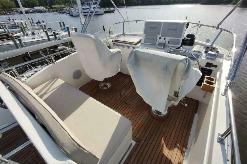 Slide: The Image of Flybridge of 1996 Grand Banks Eastbay 40, featuring helm chairs and navigation equipment. - 107