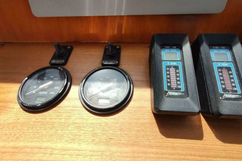 Slide: The Image of 1996 Grand Banks Eastbay 40 Flybridge dashboard with gauges and trim tab controls. - 35
