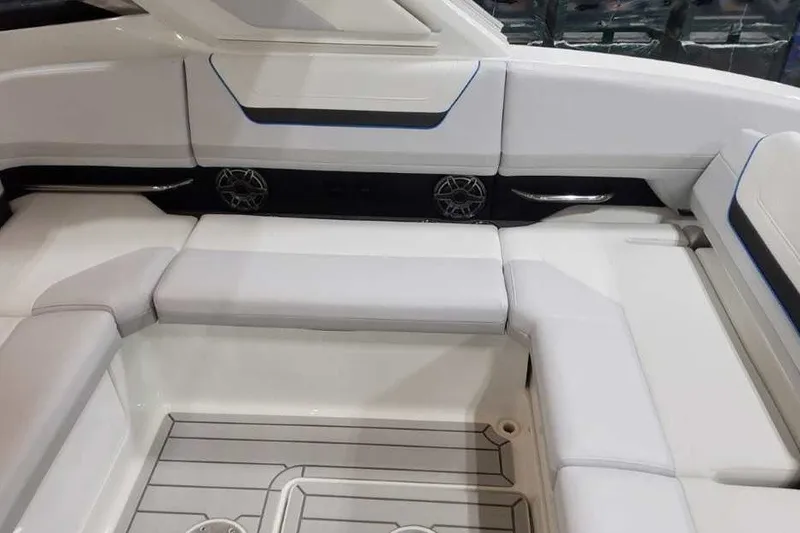 Slide: The Image of 2027 Formula 360 Crossover Bowrider OB interior with white seating and sleek design. - 26