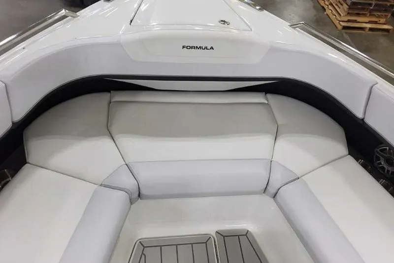 Slide: The Image of 2027 Formula 360 Crossover Bowrider OB interior seating, featuring sleek white upholstery. - 45