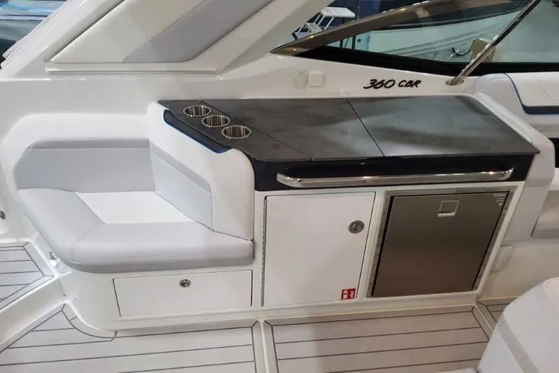 Slide: The Image of 2027 Formula 360 Crossover Bowrider OB interior with seating and kitchenette area. - 30