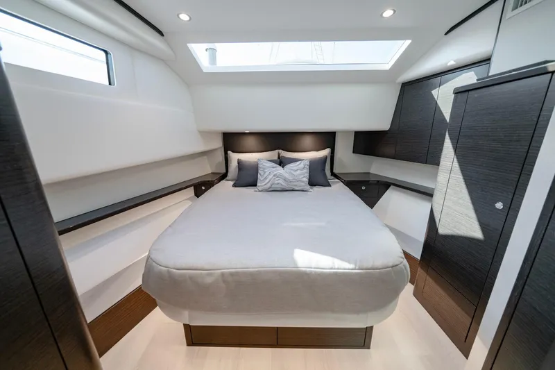 Slide: The Image of Luxurious bedroom interior of 2026 Valhalla V-55 Sport Yacht with modern design. - 8