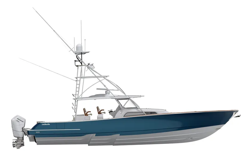 The Image of 2027 Valhalla Boatworks V-55, sleek blue design, powerful outboard engines, advanced fishing tower. - 0