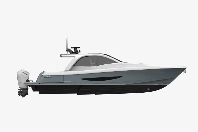 The Image of 2027 Valhalla Boatworks V-46 SY, sleek design, side view, white and gray hull. - 0
