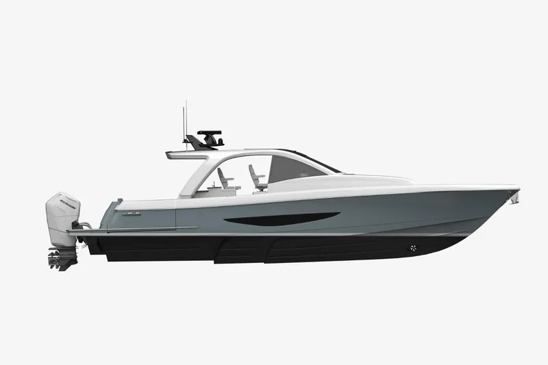 Slide: The Image of 2027 Valhalla Boatworks V-46 SY, sleek design, side view, modern outboard motors. - 2
