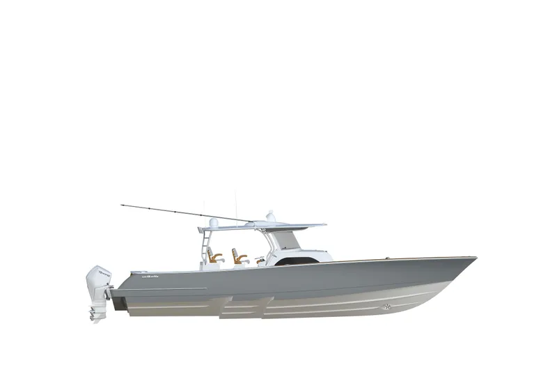 The Image of 2027 Valhalla Boatworks V-46, sleek design, side view, outboard engines, modern fishing boat. - 0