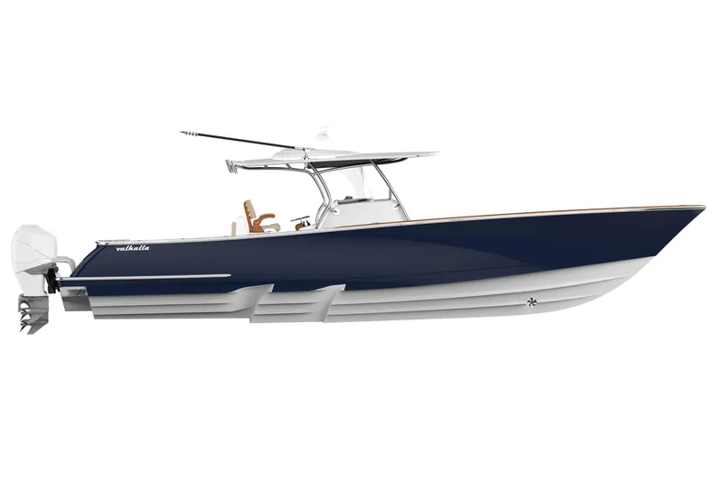 The Image of 2027 Valhalla Boatworks V-41, sleek blue and white design, side view. - 0