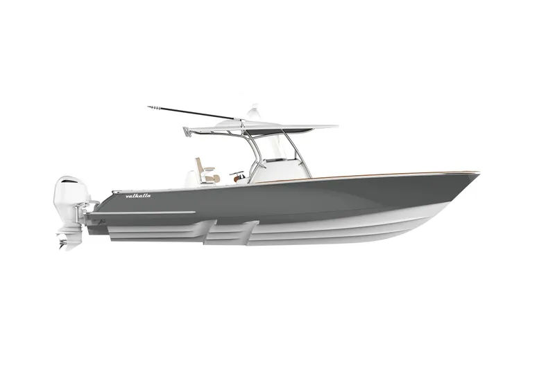 Slide: The Image of 2027 Valhalla Boatworks V-33, sleek gray design, dual engines, modern center console. - 0