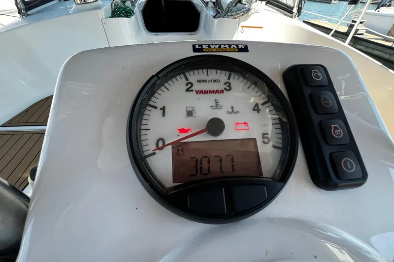 Slide: The Image of Close-up of a Yanmar RPM gauge on a 2015 Hunter 37 sailboat. - 10