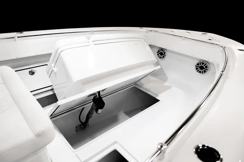 Slide: The Image of Manufacturer Provided Image: 2026 Contender 28 Tournament boat interior with open storage compartment and sleek design. - 4