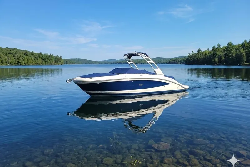 The Image of 2021 Sea Ray SDX 270 Outboard boat on a serene lake with forested shoreline. - 0
