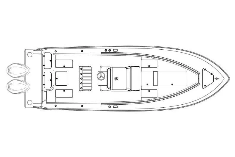 Slide: The Image of Manufacturer Provided Image: Top view schematic of 2026 Contender 30 ST boat layout with dual engines. - 12