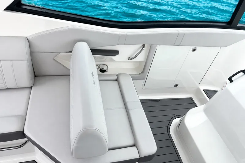 Slide: The Image of 2022 Sea Ray Sundancer 320 Coupe Outboard interior with sleek seating and ocean view. - 21